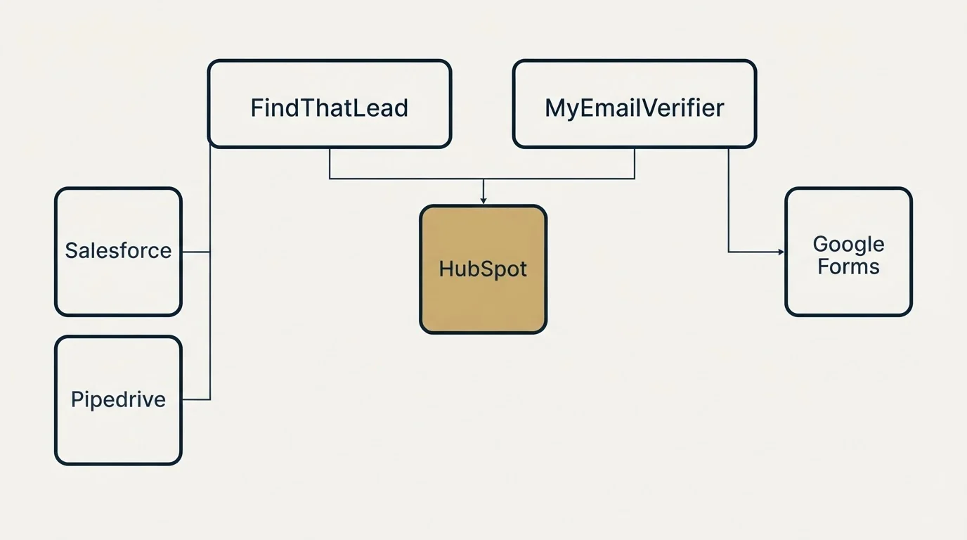 Integration grid: Integration Ecosystem (FindThatLead, MyEmailVerifier, HubSpot, Salesforce)