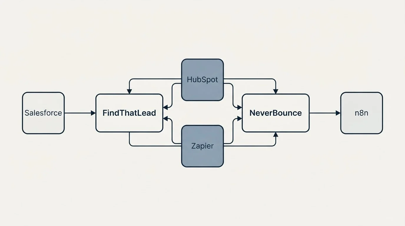 Integration schematic: Integration Ecosystem (FindThatLead, NeverBounce, HubSpot, Zapier)