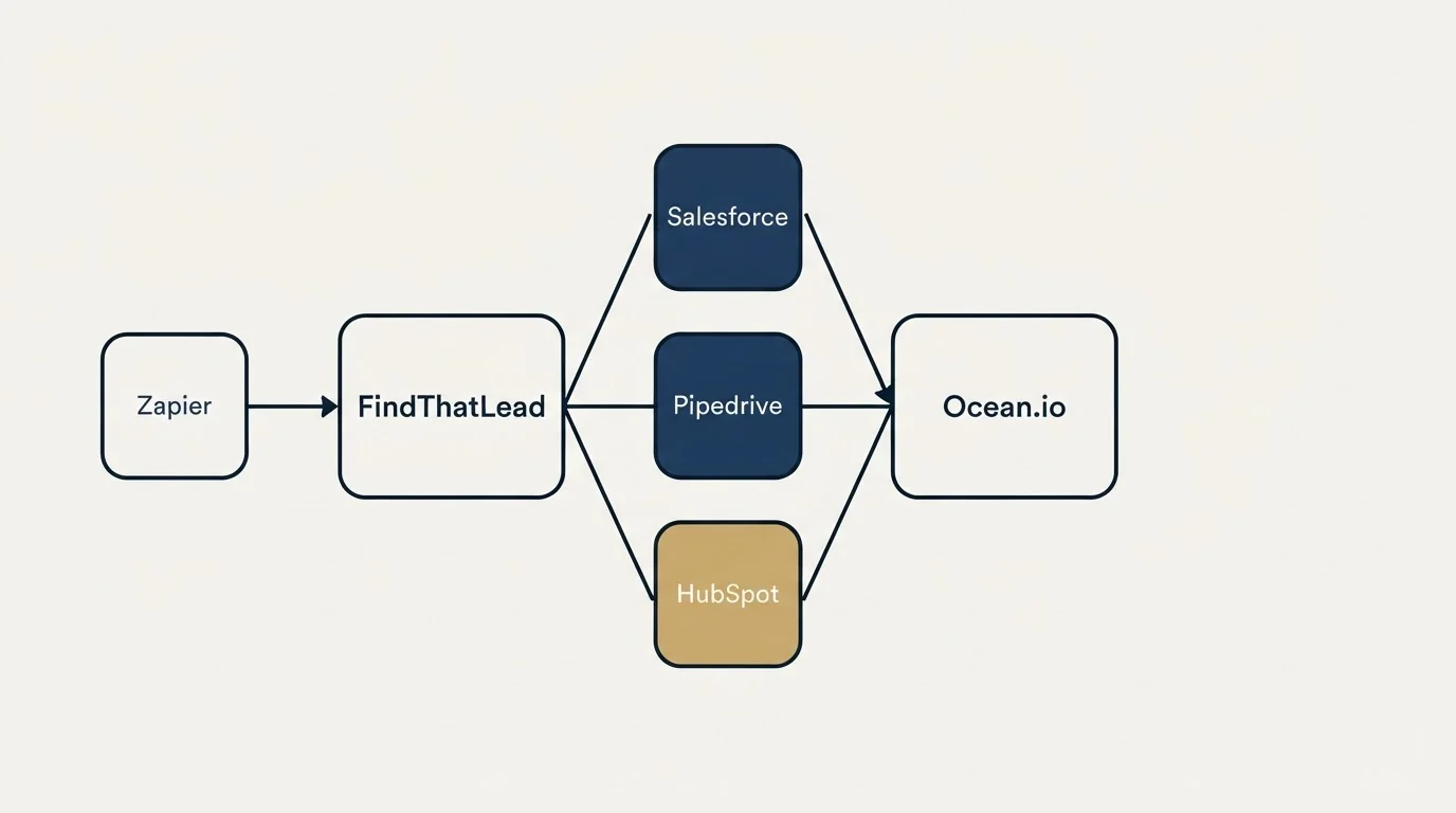 Integration schematic: Integration Ecosystem (FindThatLead, Ocean.io, Salesforce, Pipedrive)