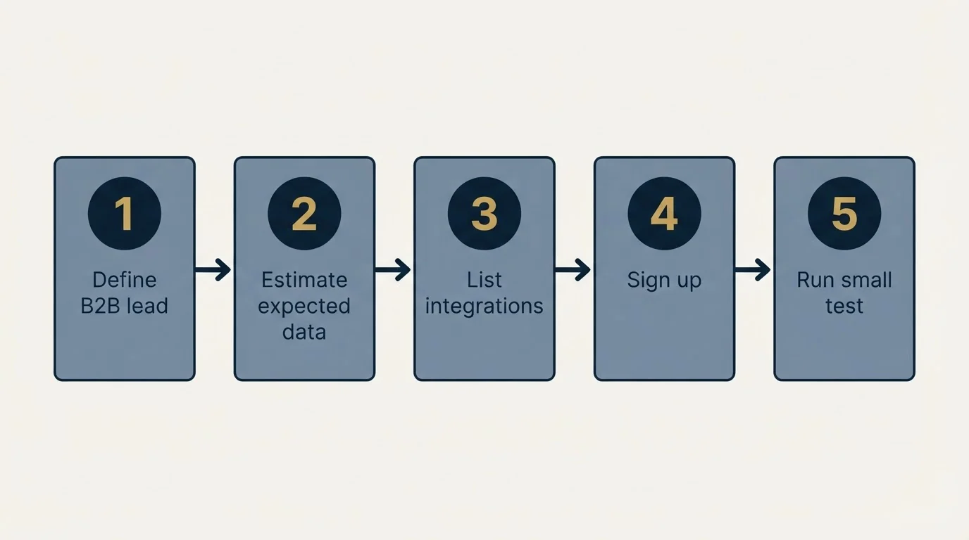 Step sequence: Getting Started Checklist (Define B2B lead, Estimate expected data, List integrations, Sign up)