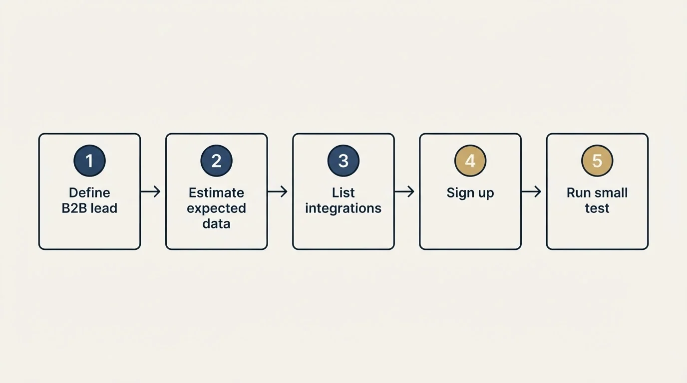 Step sequence: Getting Started Checklist (Define B2B lead, Estimate expected data, List integrations, Sign up)