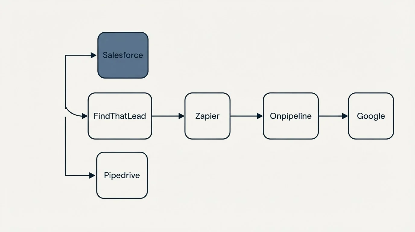Integration flow: Integration Ecosystem (FindThatLead, Onpipeline, Zapier, Salesforce)