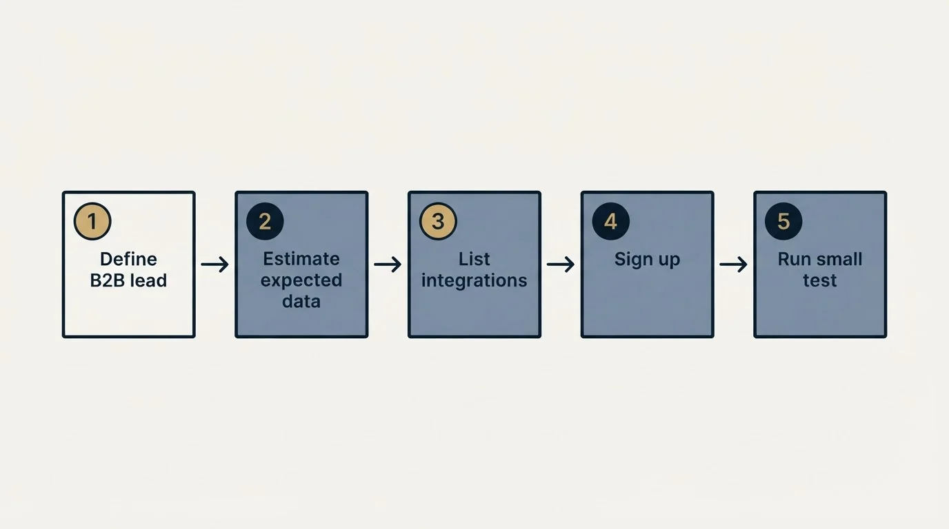 Step sequence: Getting Started Checklist (Define B2B lead, Estimate expected data, List integrations, Sign up)