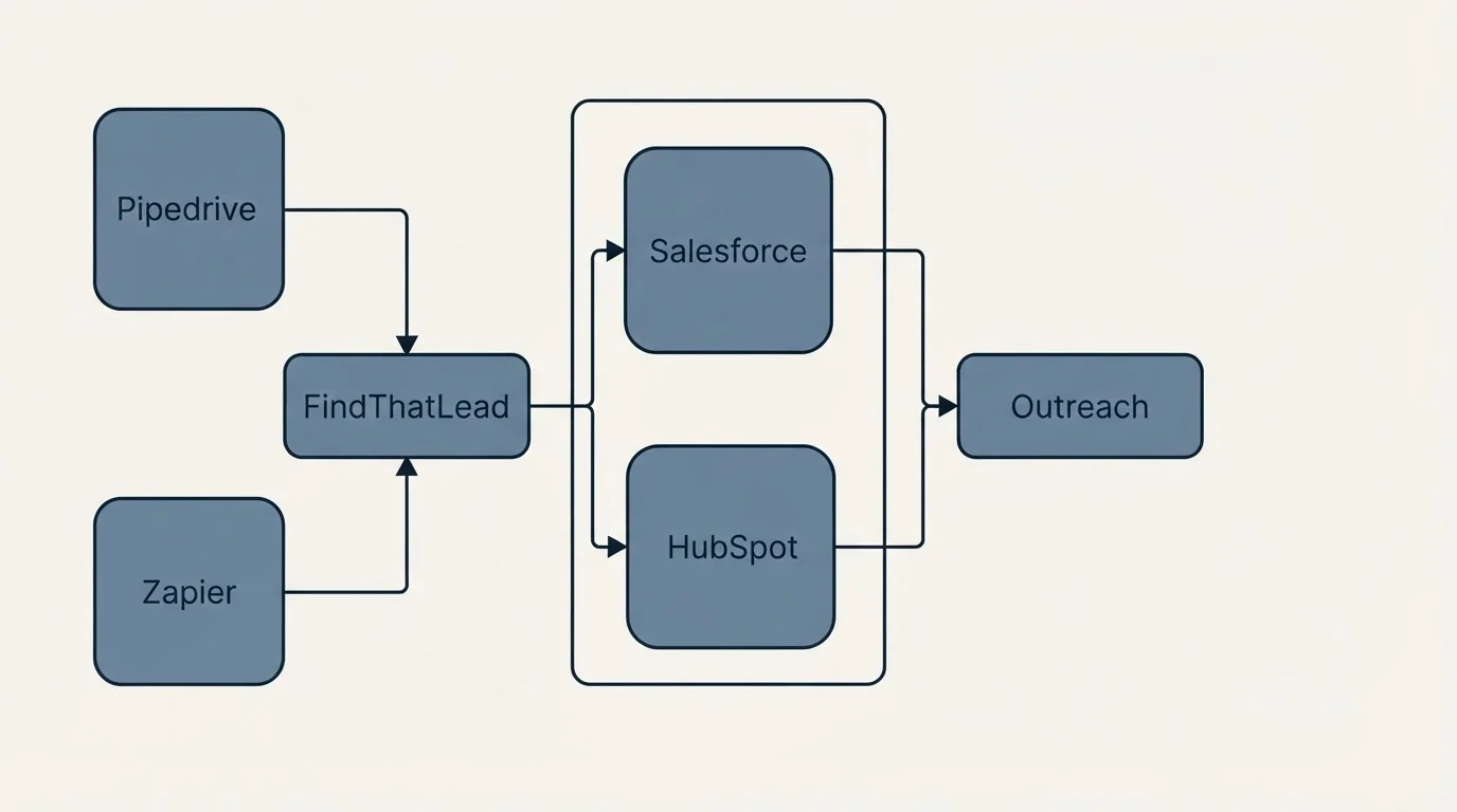 Integration flow: Integration Ecosystem (FindThatLead, Outreach, Salesforce, HubSpot)