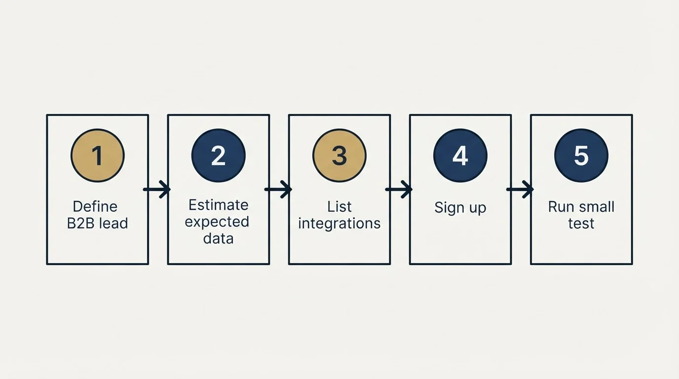 Step sequence: Getting Started Checklist (Define B2B lead, Estimate expected data, List integrations, Sign up)