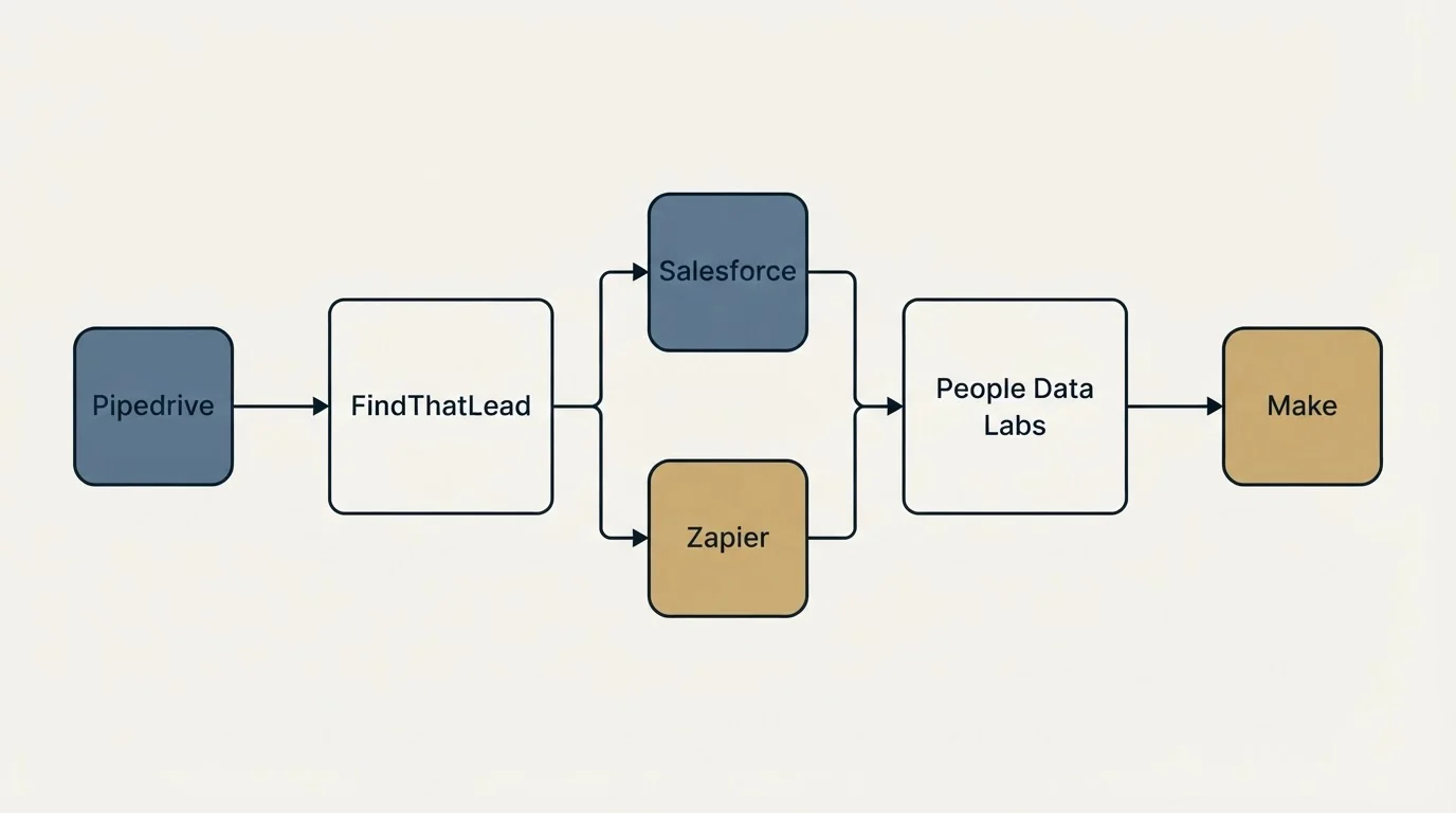 Integration flow: Integration Ecosystem (FindThatLead, People Data Labs, Salesforce, Zapier)