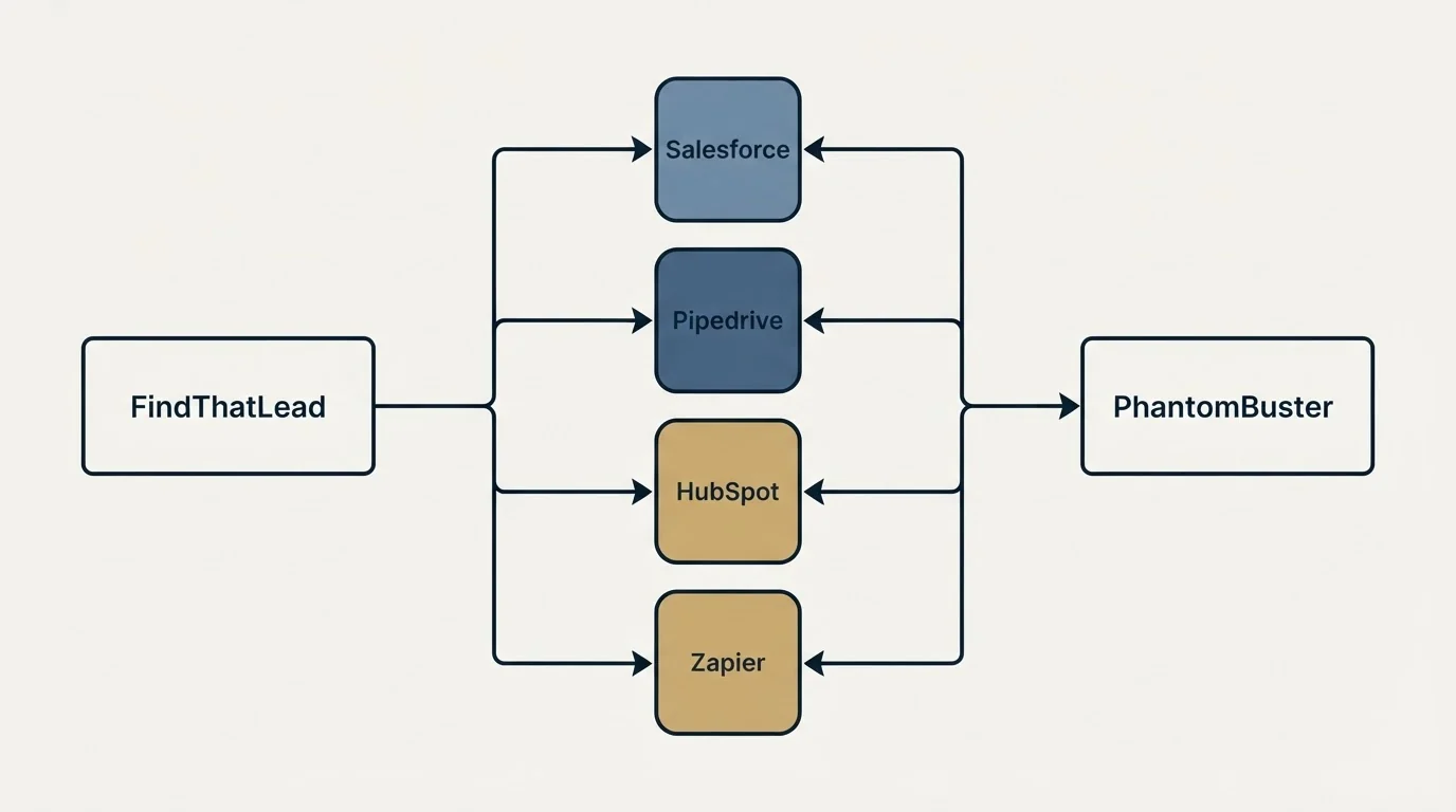 Integration flow: Integration Ecosystem (FindThatLead, PhantomBuster, Salesforce, Pipedrive)