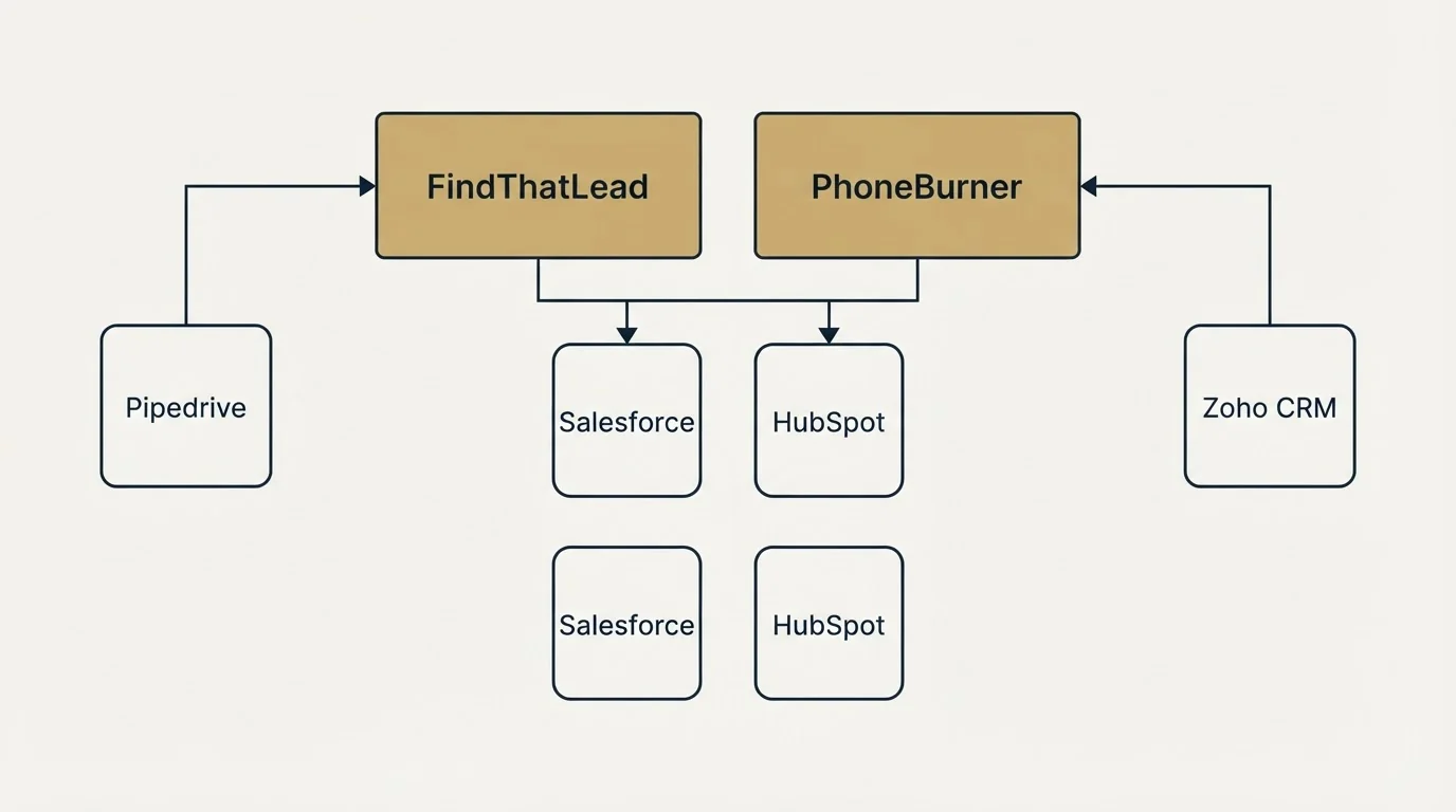 Integration grid: Integration Ecosystem (FindThatLead, PhoneBurner, Salesforce, HubSpot)