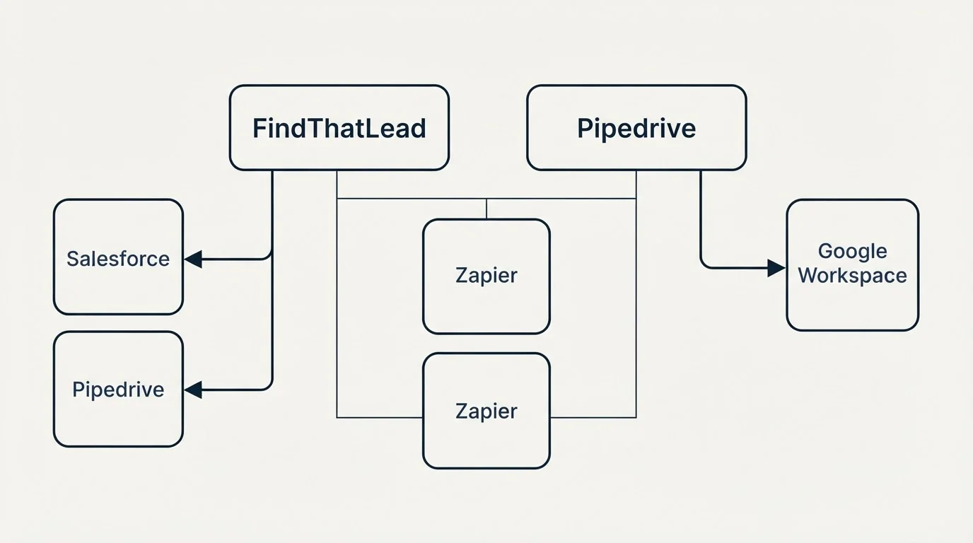 Integration grid: Integration Ecosystem (FindThatLead, Pipedrive, Zapier, Salesforce)