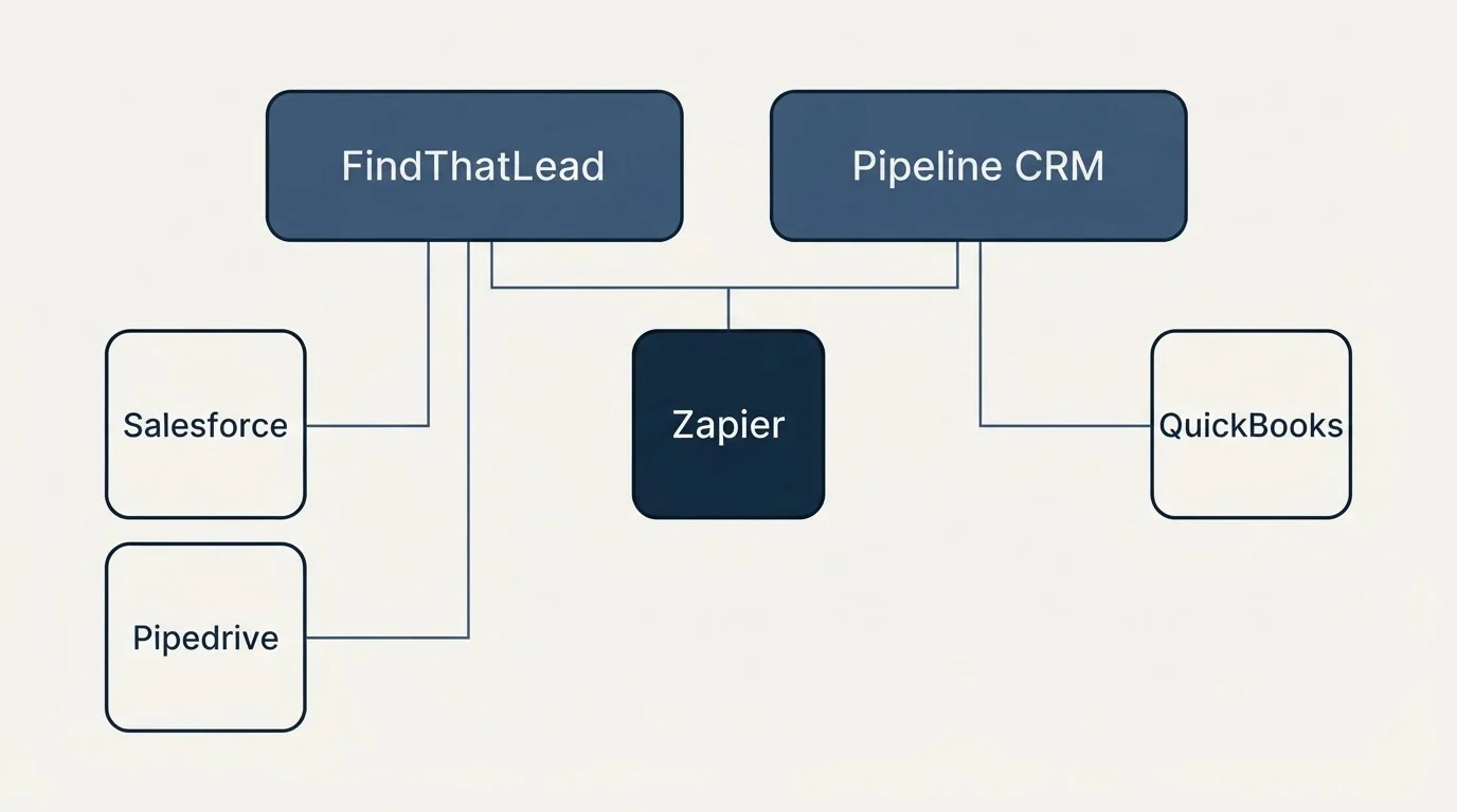 Integration grid: Integration Ecosystem (FindThatLead, Pipeline CRM, Zapier, Salesforce)