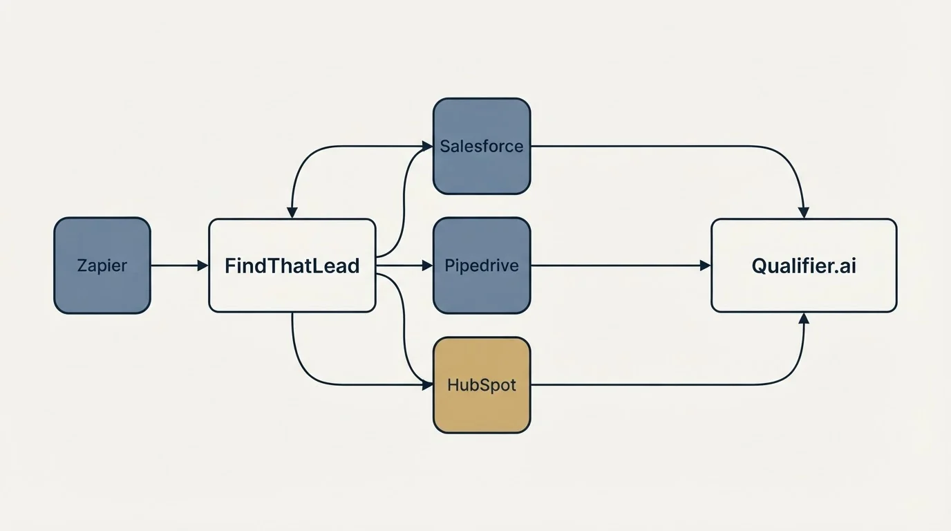 Integration schematic: Integration Ecosystem (FindThatLead, Qualifier.ai, Salesforce, Pipedrive)