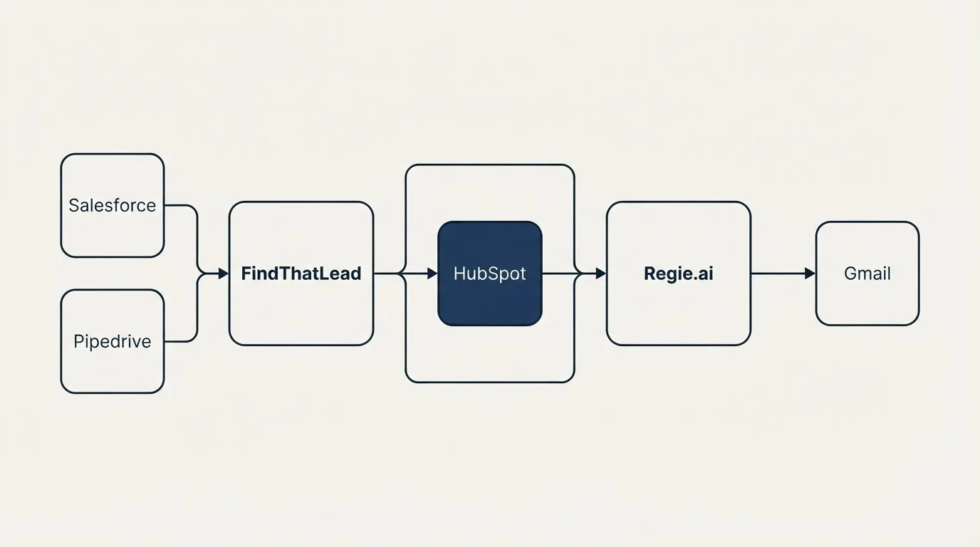 Integration schematic: Integration Ecosystem (FindThatLead, Regie.ai, HubSpot, Salesforce)