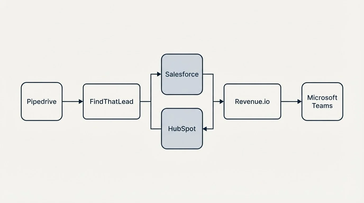 Integration flow: Integration Ecosystem (FindThatLead, Revenue.io, Salesforce, HubSpot)