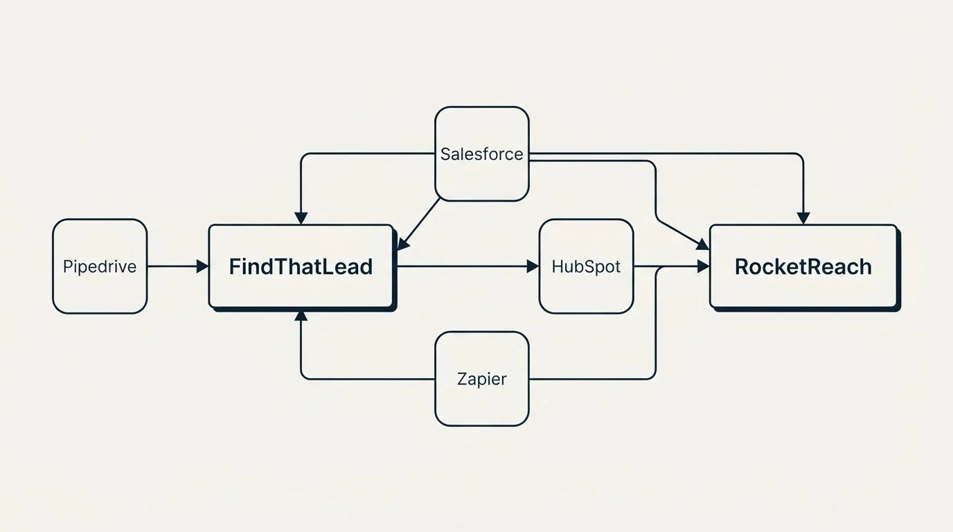 Integration schematic: Integration Ecosystem (FindThatLead, RocketReach, Salesforce, HubSpot)