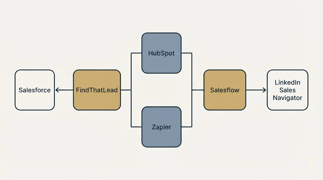 Integration flow: Integration Ecosystem (FindThatLead, Salesflow, HubSpot, Zapier)