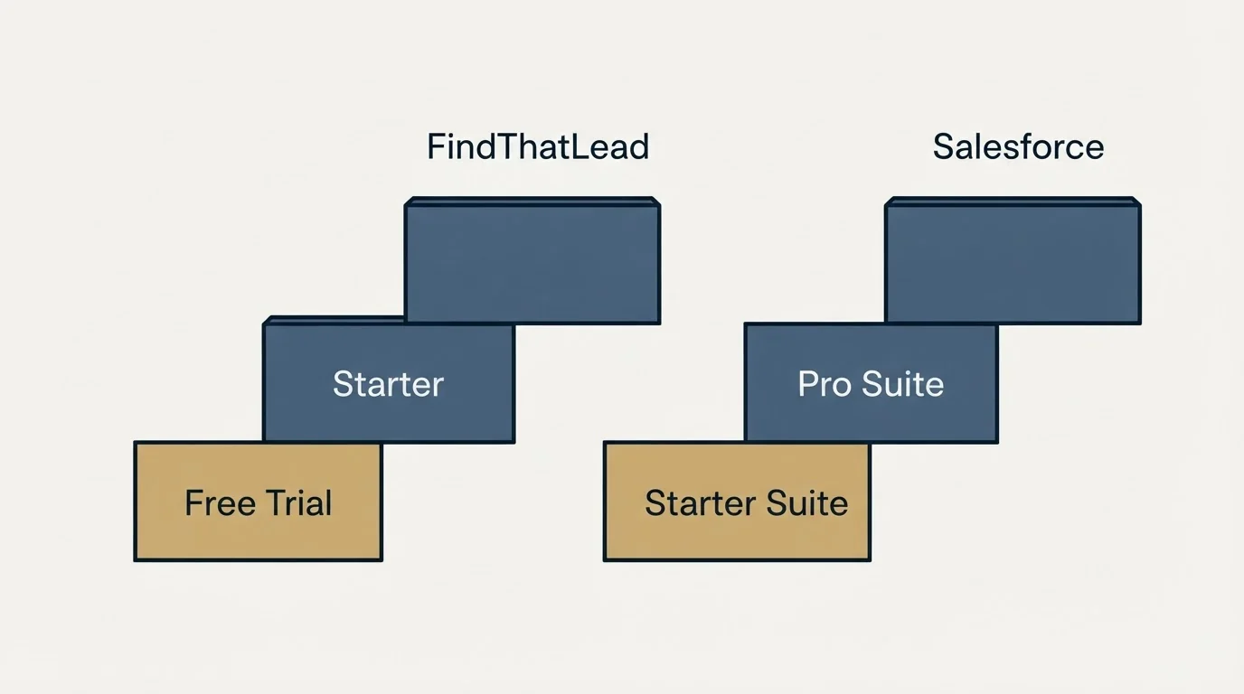 Pricing ladder: Pricing Comparison (FindThatLead, Salesforce, Free Trial, Starter Suite)