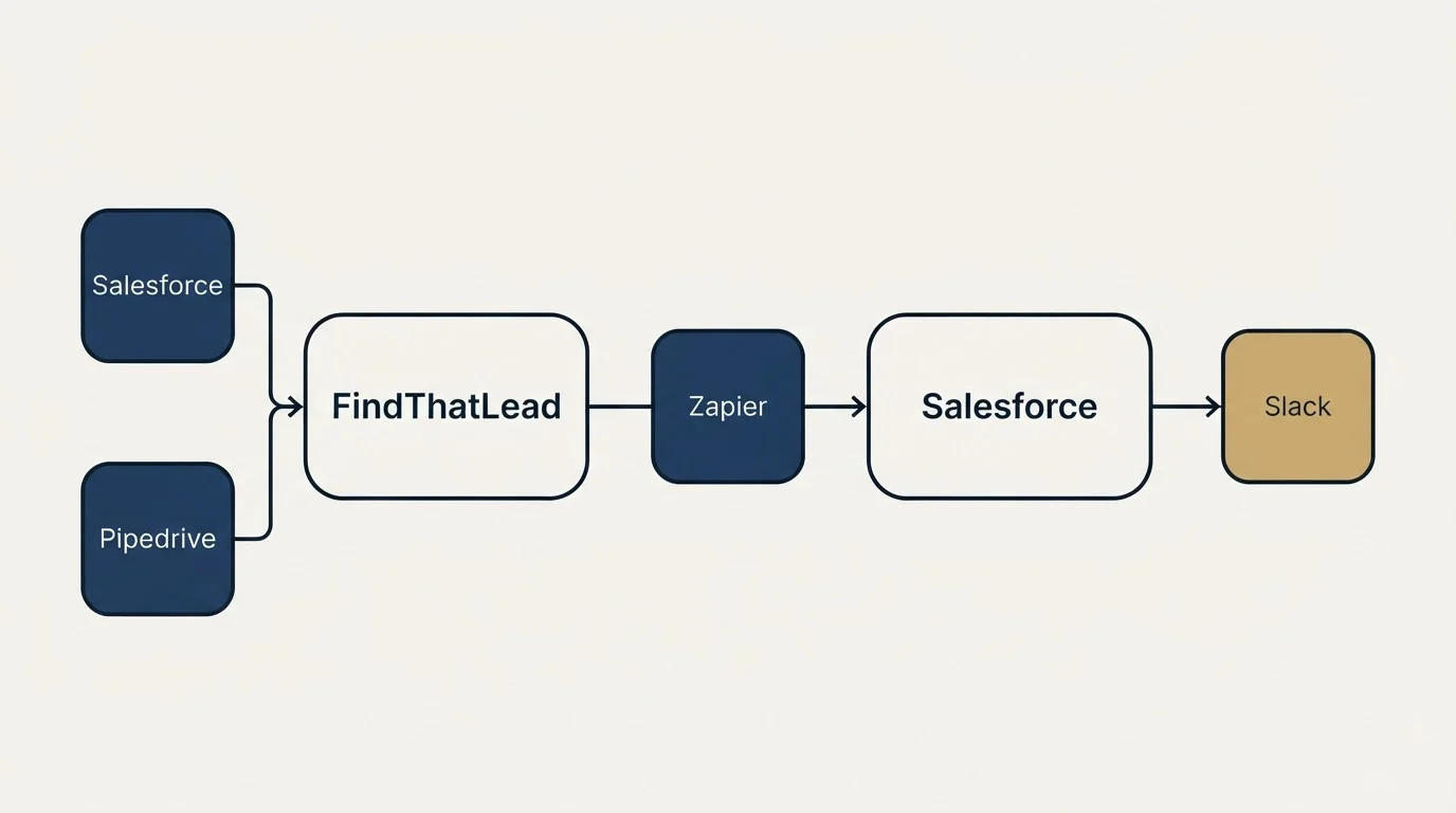 Integration schematic: Integration Ecosystem (FindThatLead, Salesforce, Zapier, Slack)