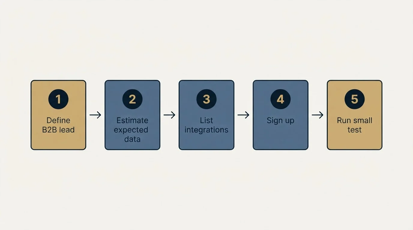Step sequence: Getting Started Checklist (Define B2B lead, Estimate expected data, List integrations, Sign up)