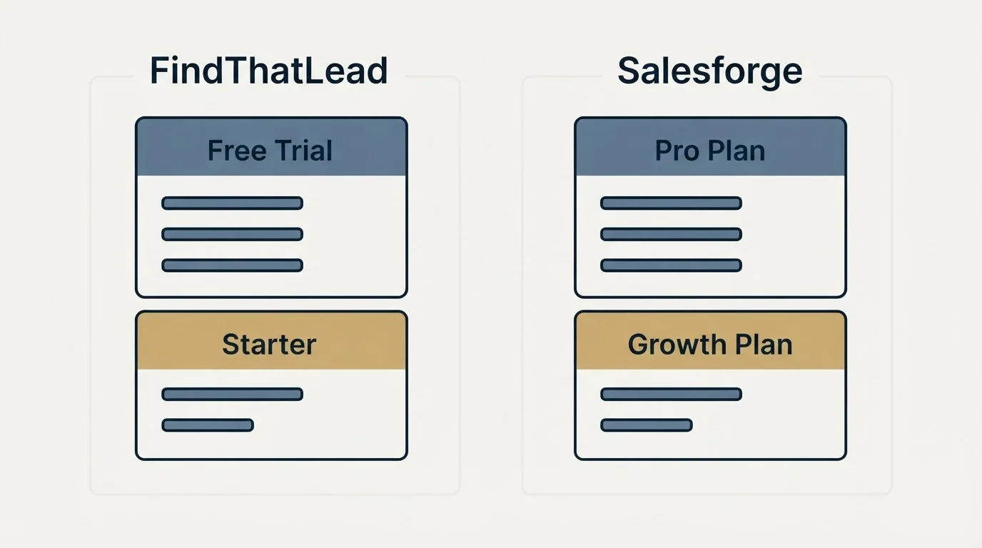 Pricing panels: Pricing Comparison (FindThatLead, Salesforge, Free Trial, Pro Plan)
