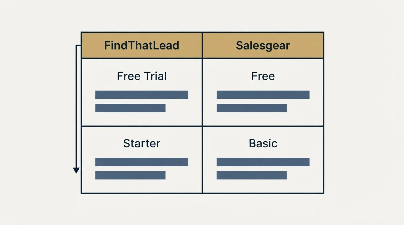 Pricing table: Pricing Comparison (FindThatLead, Salesgear, Free Trial, Free)