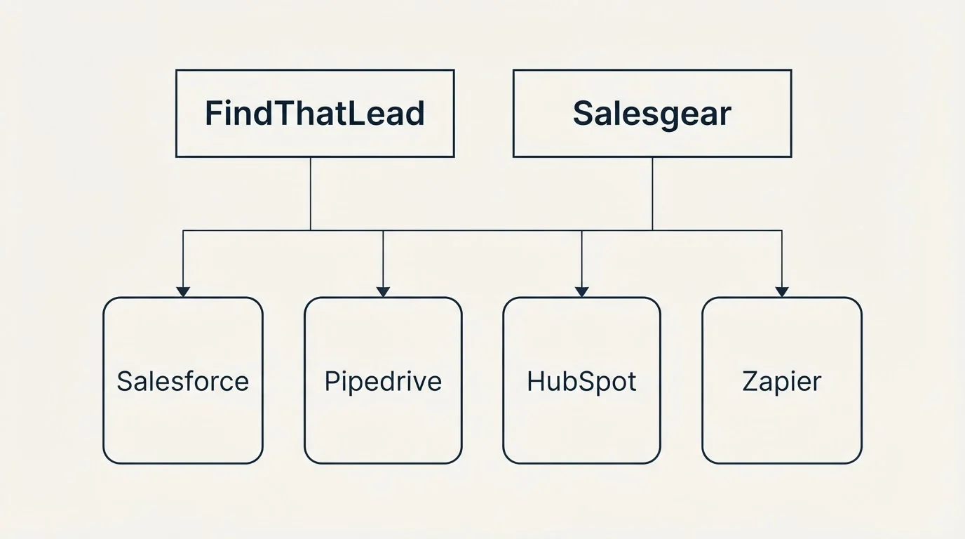 Integration grid: Integration Ecosystem (FindThatLead, Salesgear, Salesforce, Pipedrive)