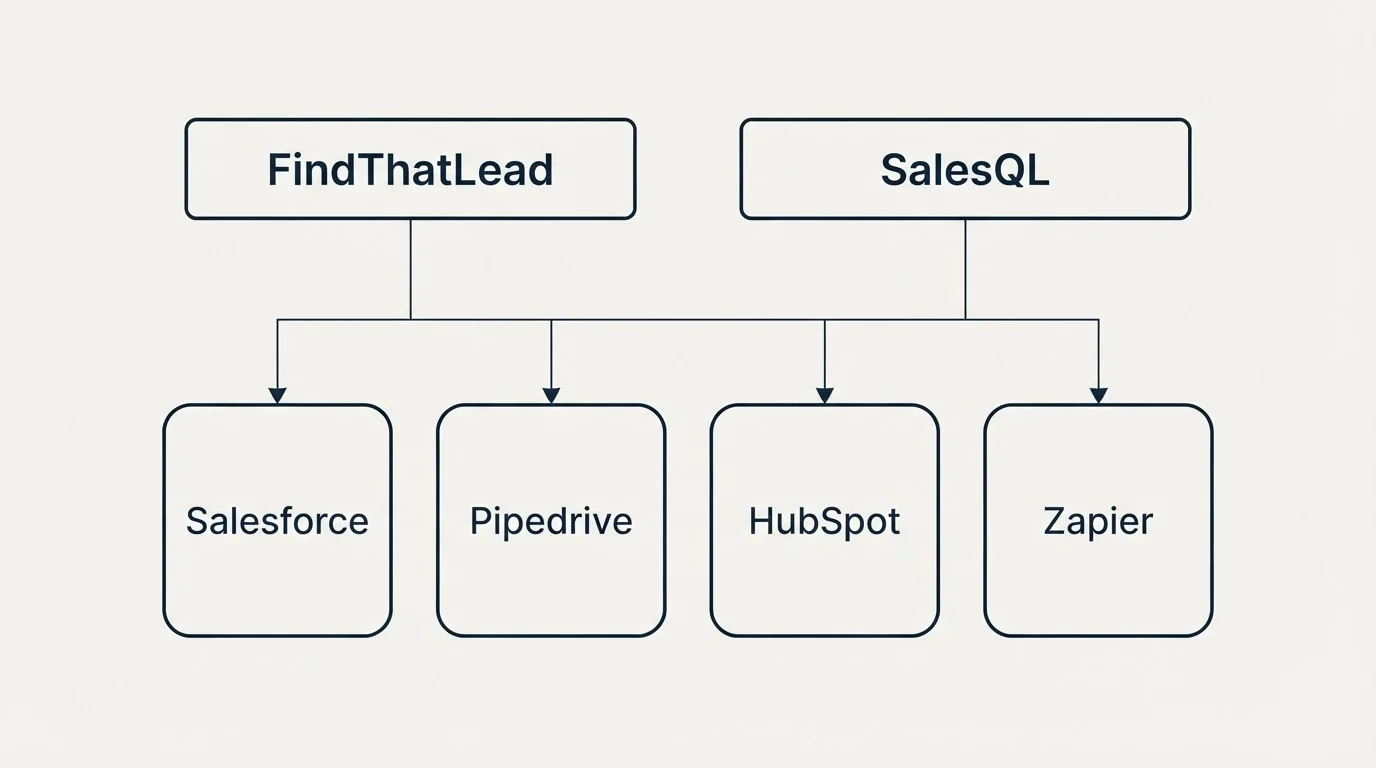Integration grid: Integration Ecosystem (FindThatLead, SalesQL, Salesforce, Pipedrive)