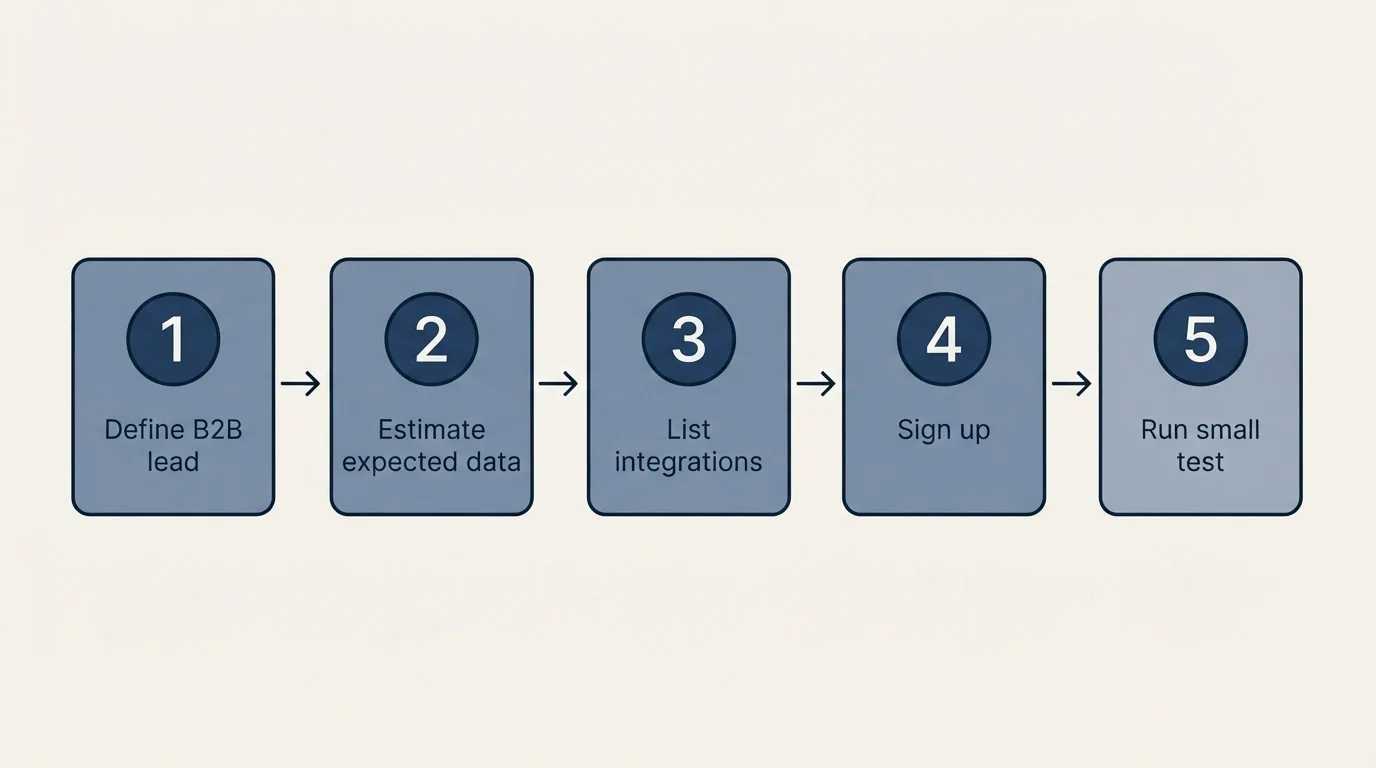 Step sequence: Getting Started Checklist (Define B2B lead, Estimate expected data, List integrations, Sign up)
