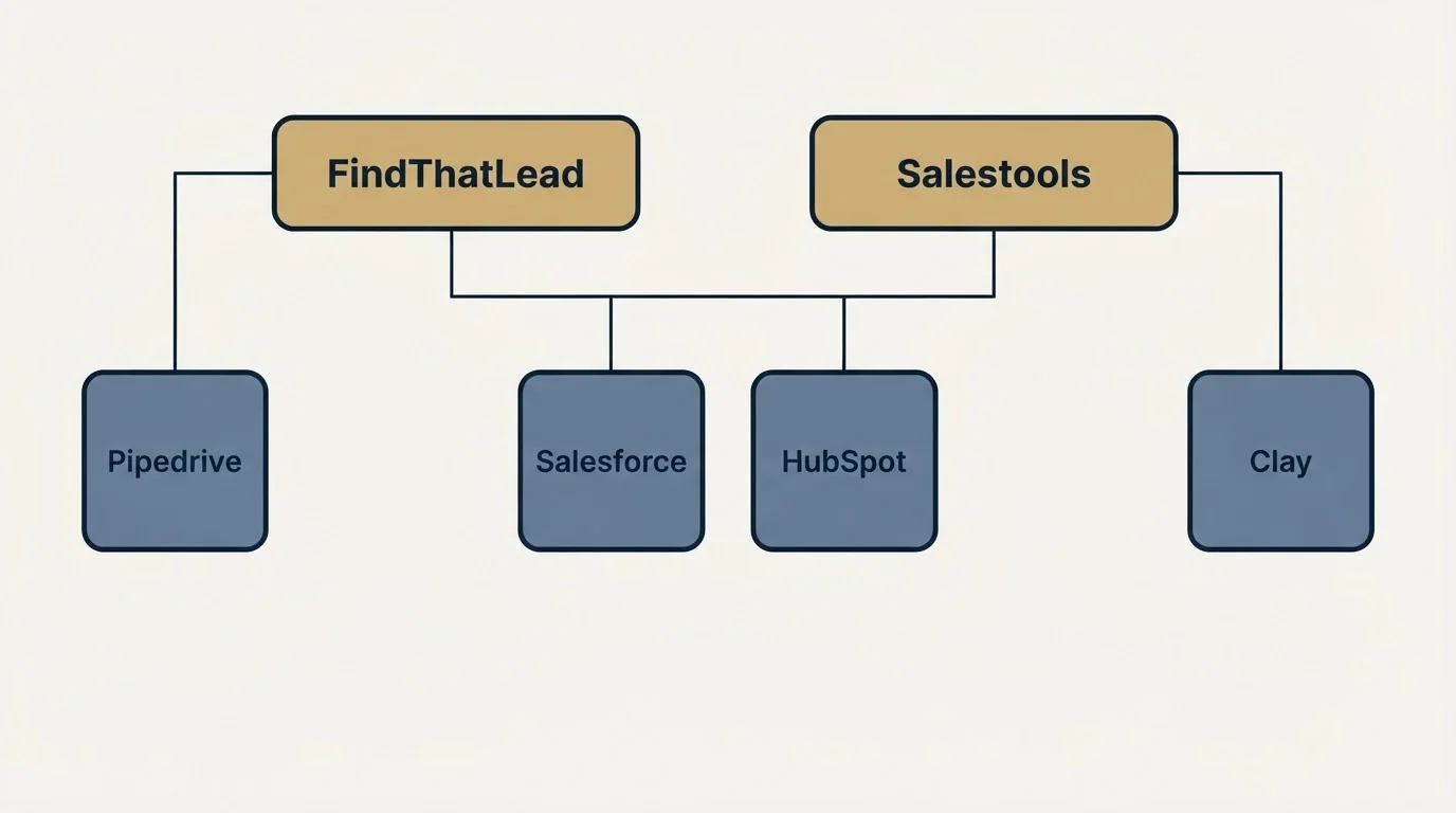 Integration grid: Integration Ecosystem (FindThatLead, Salestools, Salesforce, HubSpot)