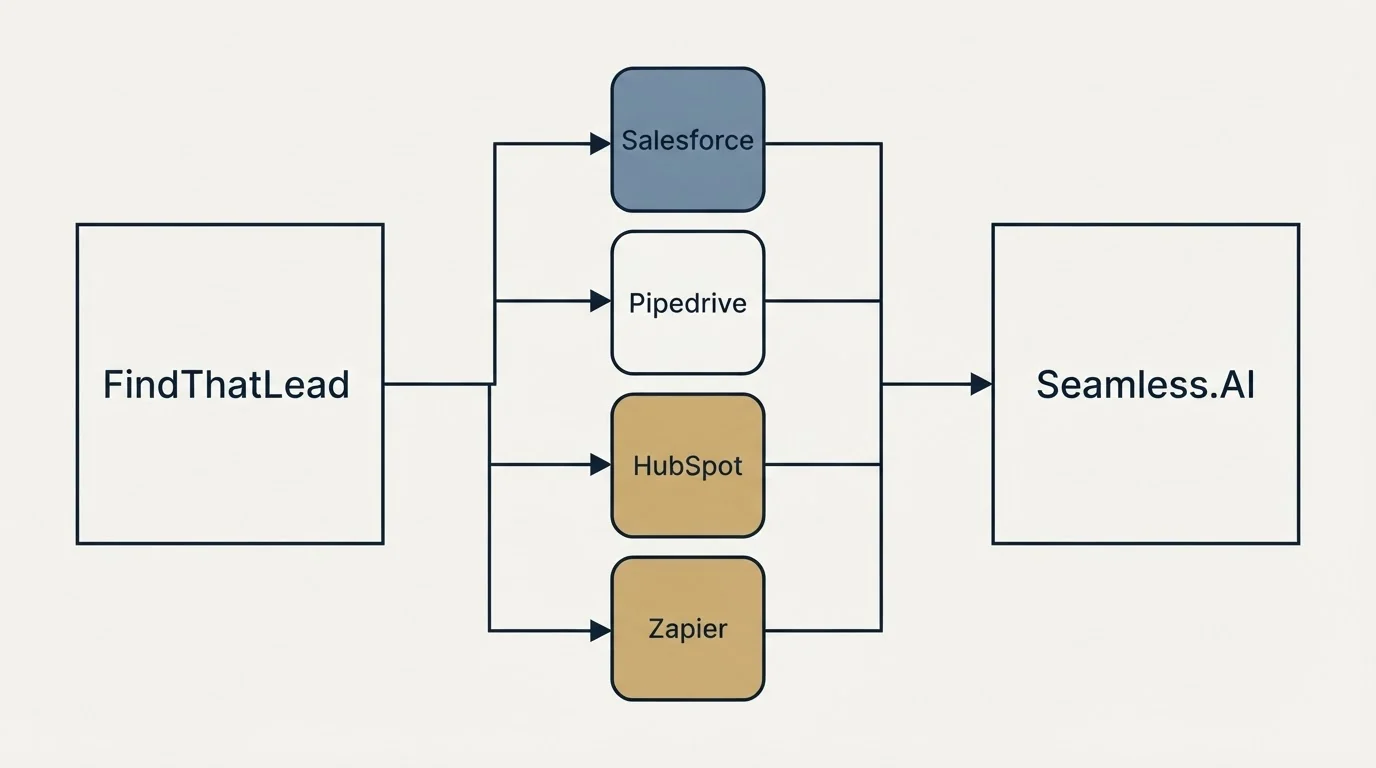 Integration flow: Integration Ecosystem (FindThatLead, Seamless.AI, Salesforce, Pipedrive)