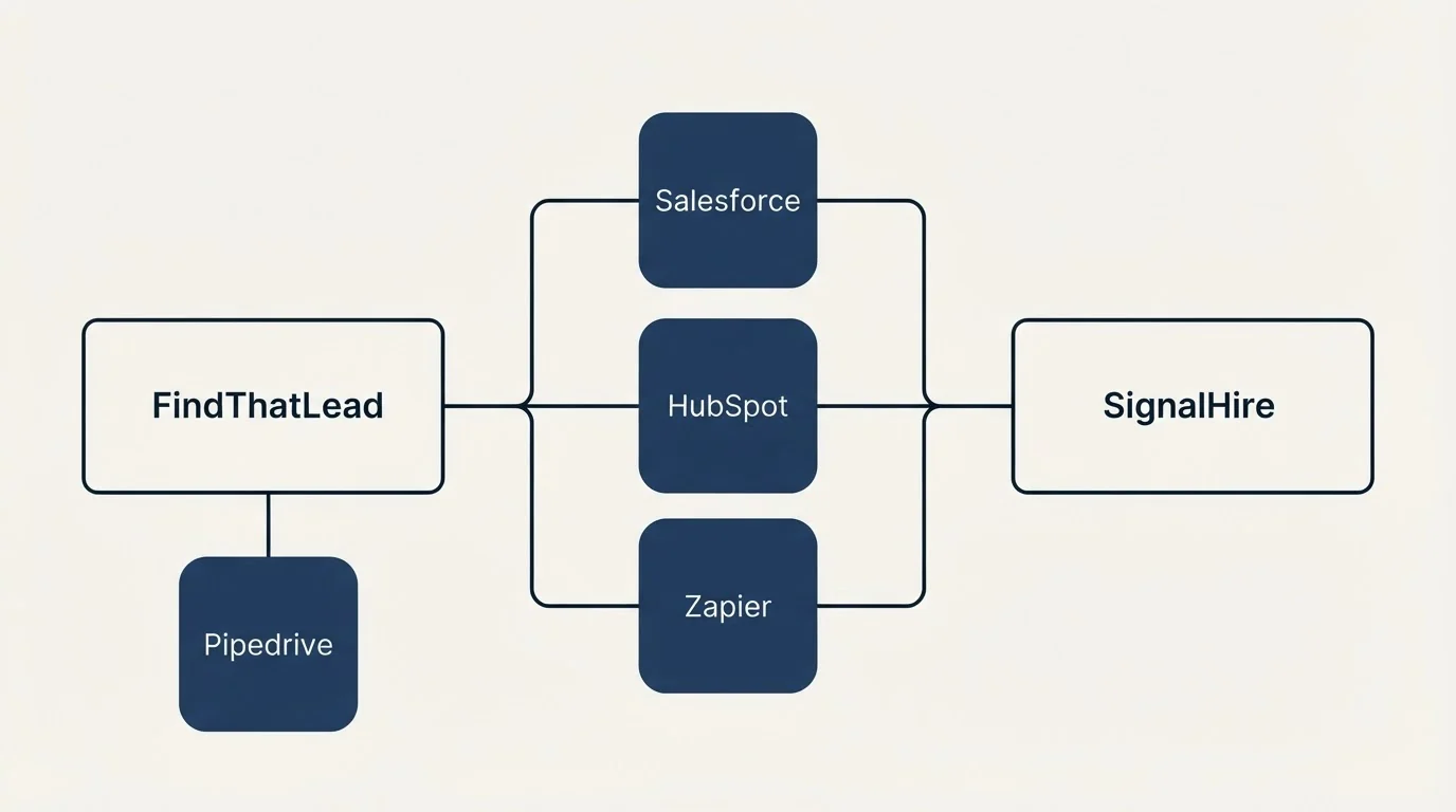 Integration flow: Integration Ecosystem (FindThatLead, SignalHire, Salesforce, HubSpot)