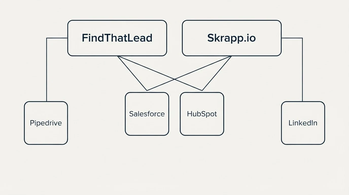 Integration grid: Integration Ecosystem (FindThatLead, Skrapp.io, Salesforce, HubSpot)