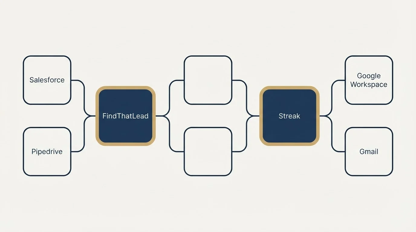 Integration schematic: Integration Ecosystem (FindThatLead, Streak, Salesforce, Google Workspace)