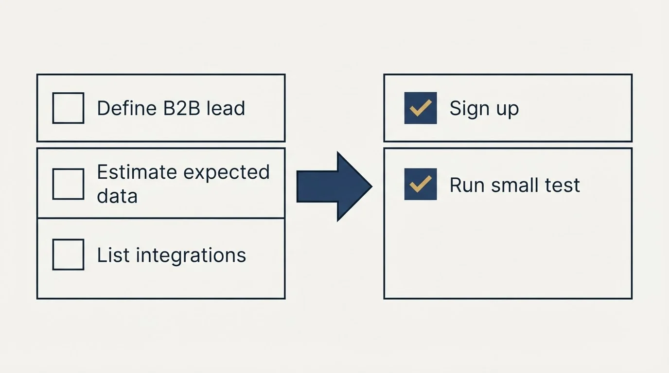 Before-and-after steps: Getting Started Checklist (Define B2B lead, Estimate expected data, List integrations, Sign up)