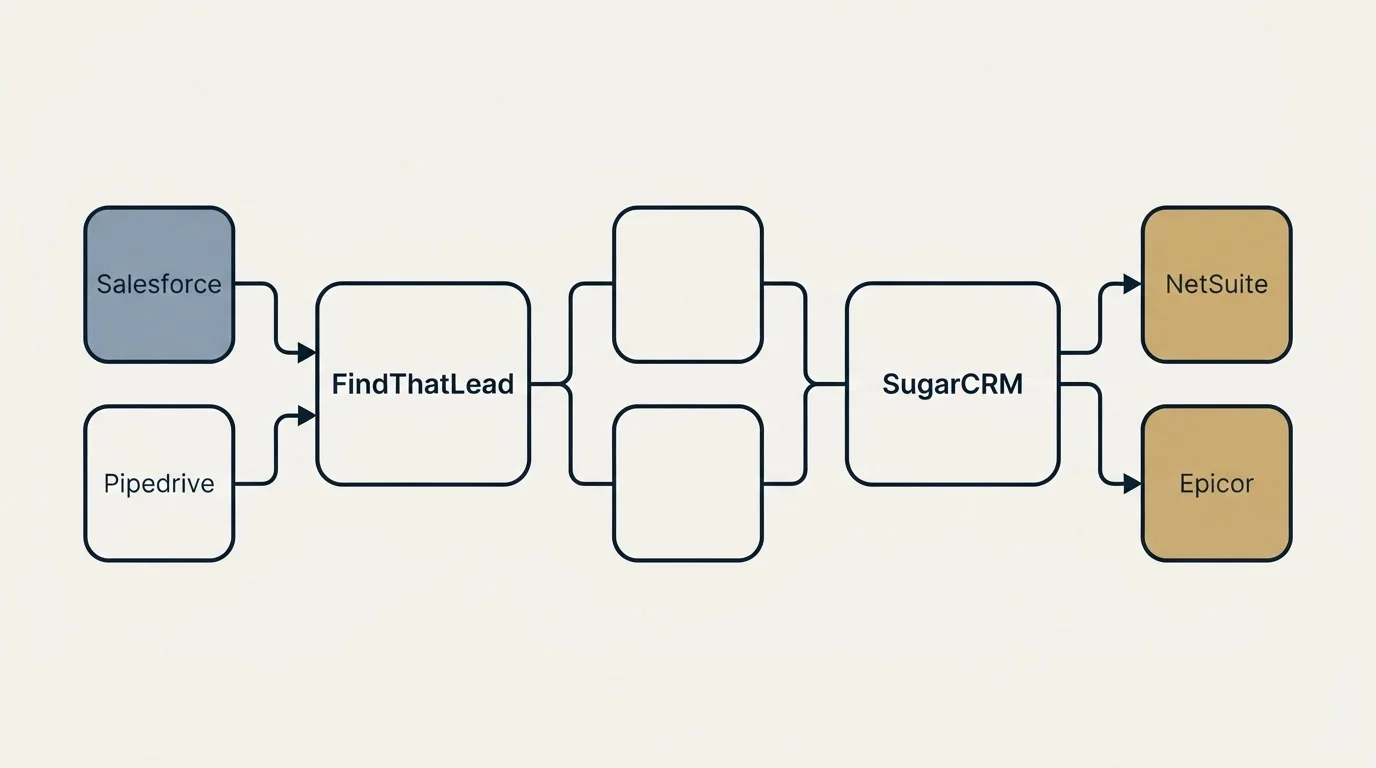 Integration schematic: Integration Ecosystem (FindThatLead, SugarCRM, Salesforce, NetSuite)