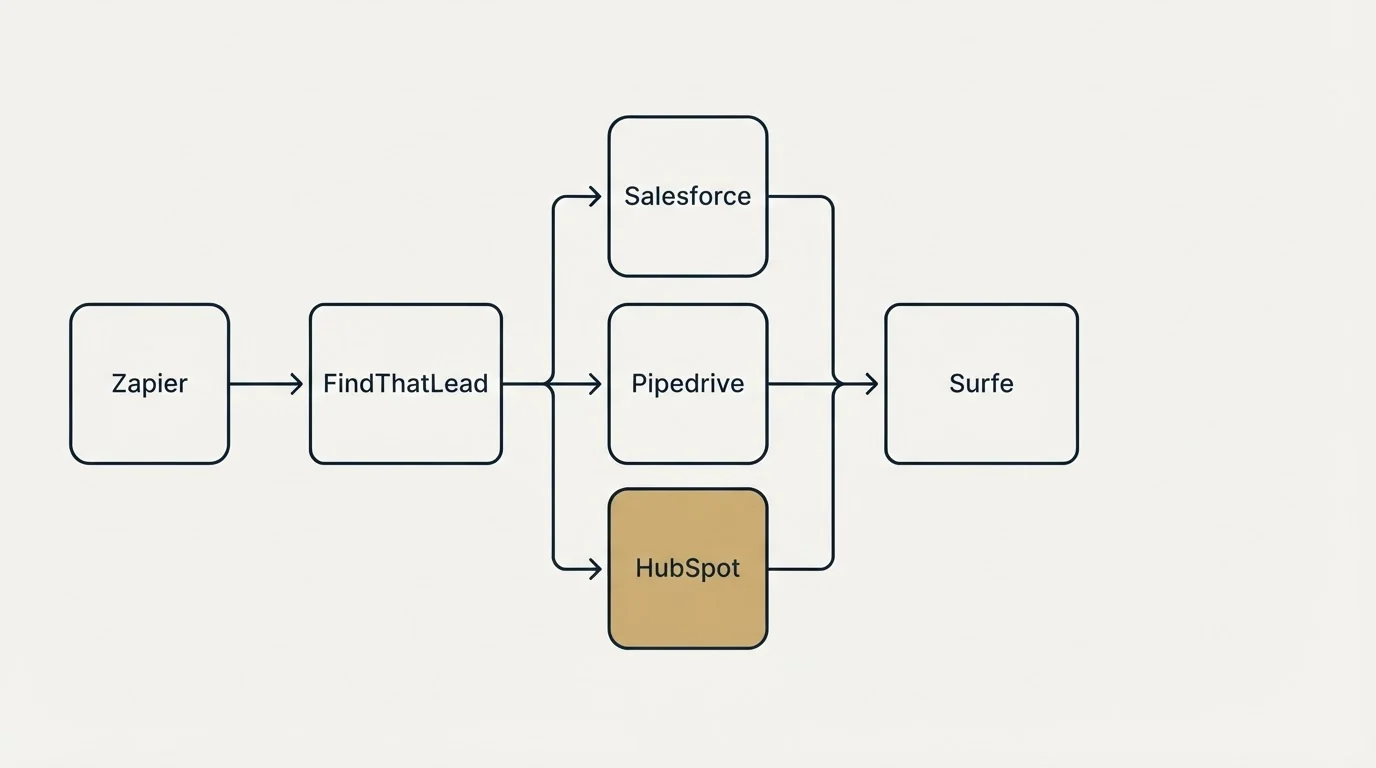 Integration flow: Integration Ecosystem (FindThatLead, Surfe, Salesforce, Pipedrive)
