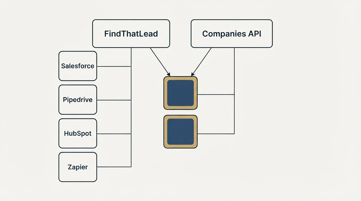 Integration grid: Integration Ecosystem (FindThatLead, Companies API, Salesforce, Pipedrive)