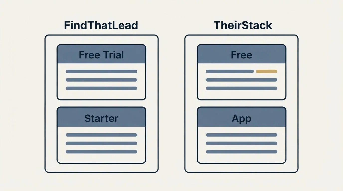Pricing panels: Pricing Comparison (FindThatLead, TheirStack, Free Trial, Free)