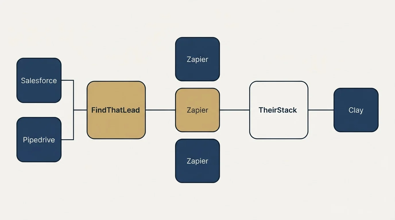 Integration flow: Integration Ecosystem (FindThatLead, TheirStack, Zapier, Salesforce)