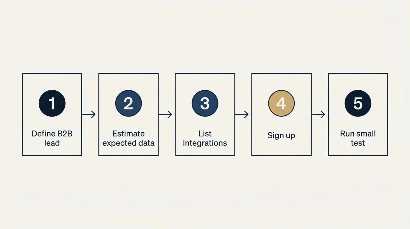 Step sequence: Getting Started Checklist (Define B2B lead, Estimate expected data, List integrations, Sign up)