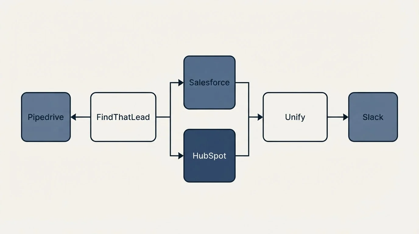 Integration flow: Integration Ecosystem (FindThatLead, Unify, Salesforce, HubSpot)