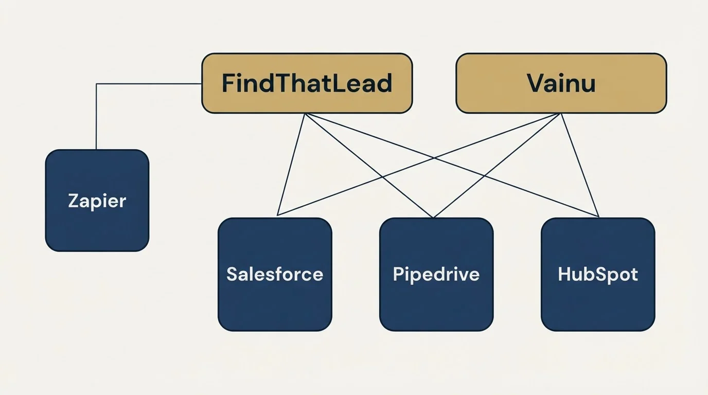 Integration grid: Integration Ecosystem (FindThatLead, Vainu, Salesforce, Pipedrive)