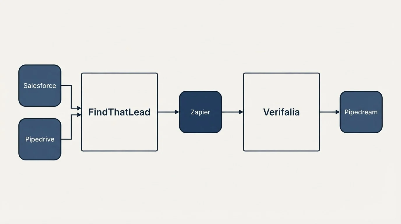 Integration flow: Integration Ecosystem (FindThatLead, Verifalia, Zapier, Salesforce)