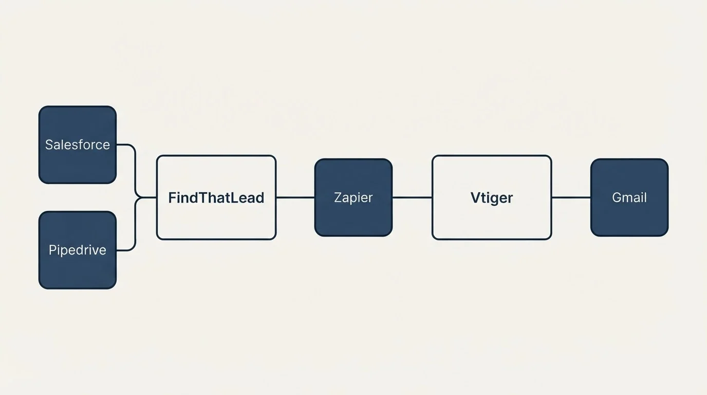 Integration schematic: Integration Ecosystem (FindThatLead, Vtiger, Zapier, Salesforce)