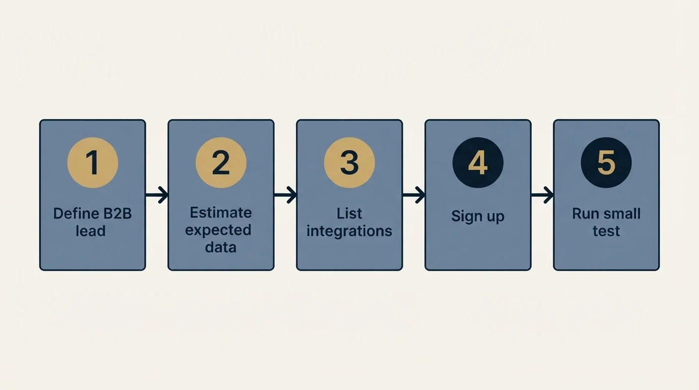 Step sequence: Getting Started Checklist (Define B2B lead, Estimate expected data, List integrations, Sign up)