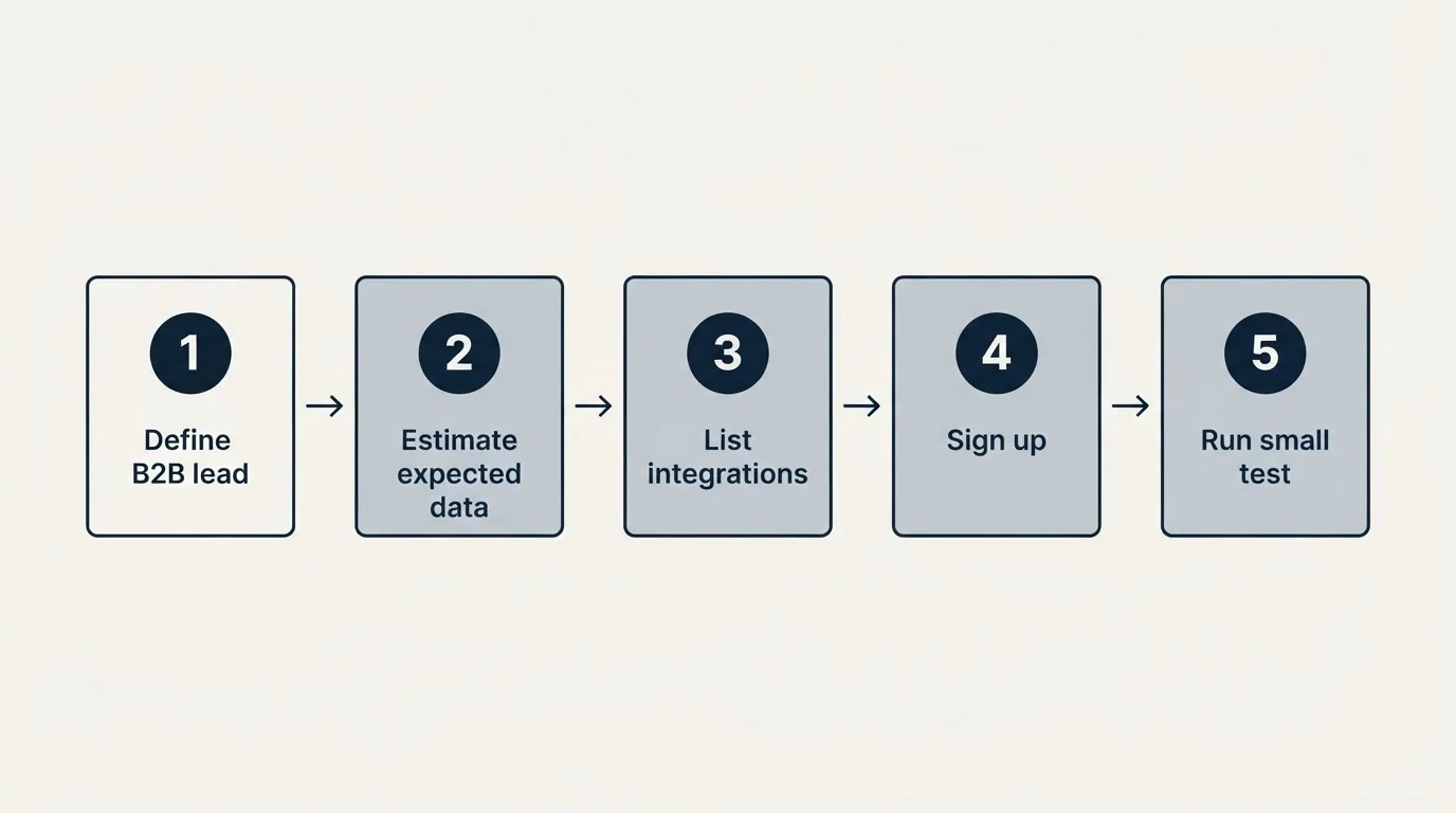 Step sequence: Getting Started Checklist (Define B2B lead, Estimate expected data, List integrations, Sign up)