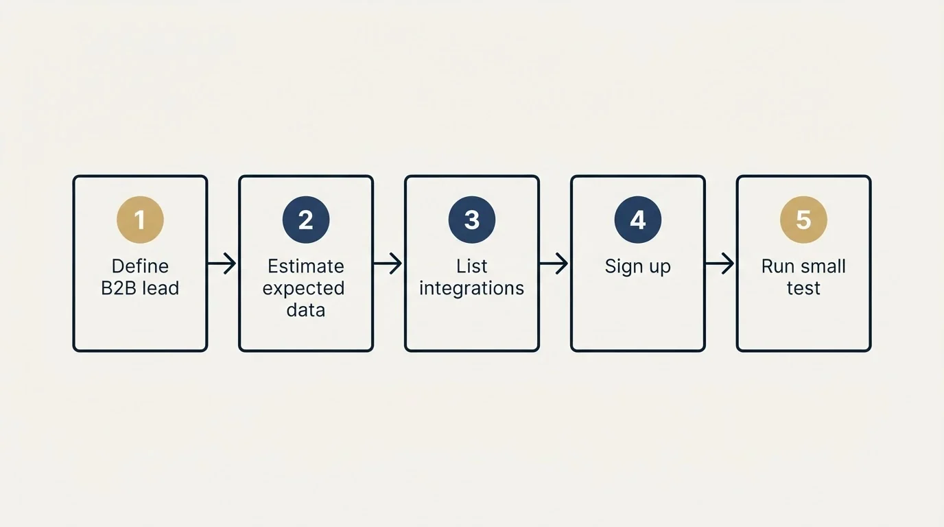 Step sequence: Getting Started Checklist (Define B2B lead, Estimate expected data, List integrations, Sign up)