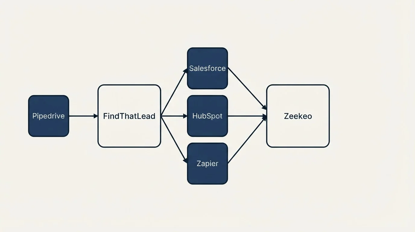 Integration schematic: Integration Ecosystem (FindThatLead, Zeekeo, Salesforce, HubSpot)