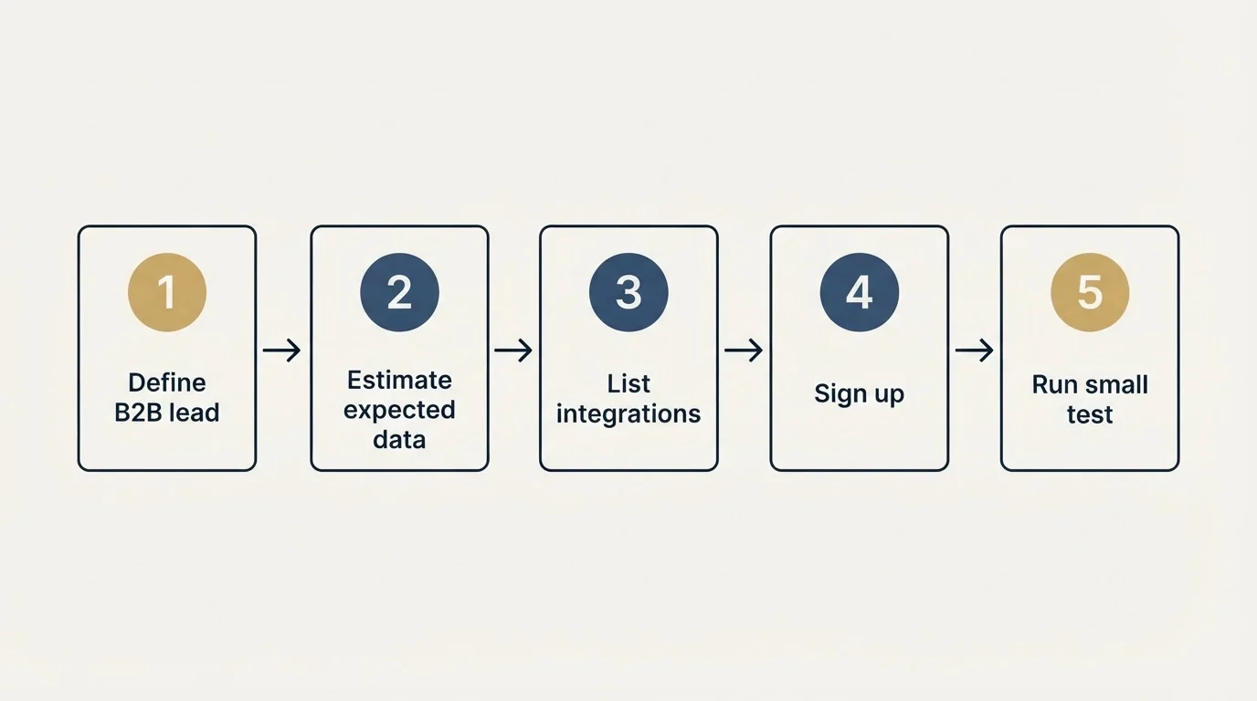 Step sequence: Getting Started Checklist (Define B2B lead, Estimate expected data, List integrations, Sign up)