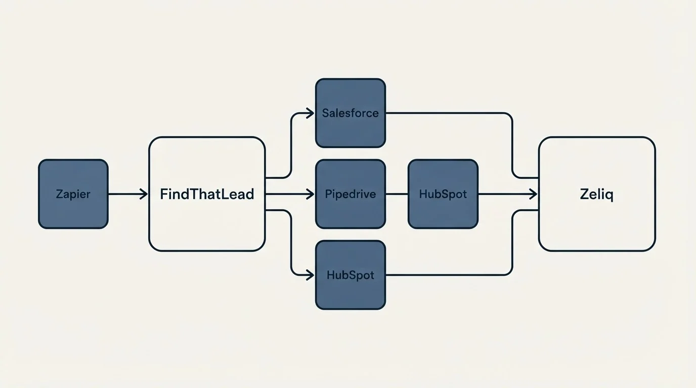 Integration schematic: Integration Ecosystem (FindThatLead, Zeliq, Salesforce, Pipedrive)