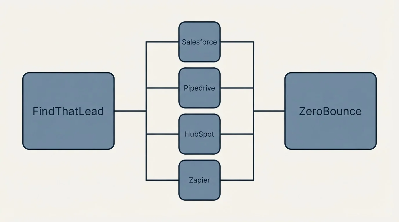 Integration flow: Integration Ecosystem (FindThatLead, ZeroBounce, Salesforce, Pipedrive)